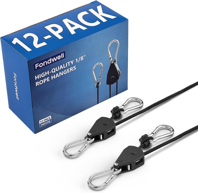 Fondwell 1/8" Adjustable Grow Light Hangers: 12 Pack of Ratchet Rope Tie Downs - Small Ratchet Straps for Various Hanging and Strapping - Image 1